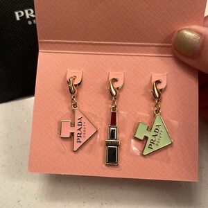 Prada 3 pc Pink Enamel Charm Set - Lipstick & Logo Triangle Charms Best Gift GWP